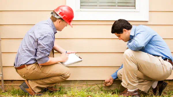 Two inspectors examining the side wall of a house